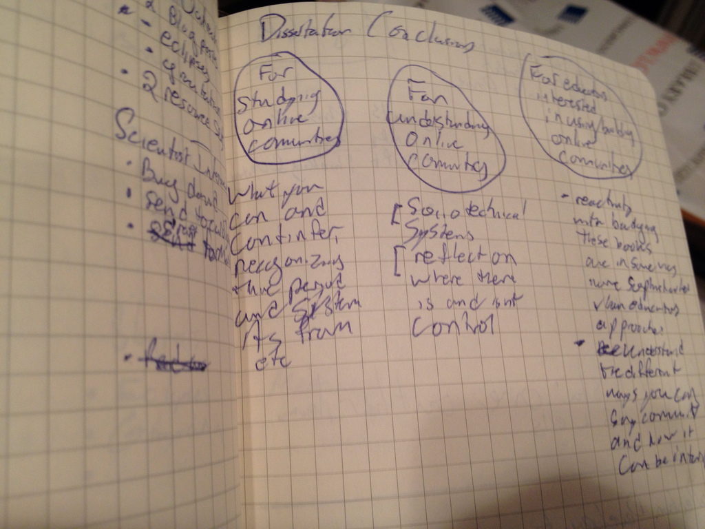 Some scratches from my notebook where I was figuring out some themes for my dissertation conclusions.